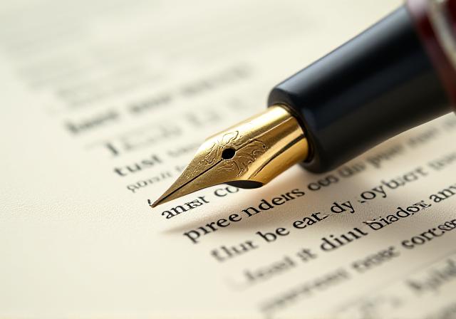 Close up of a legal document with a pen and magnifying glass